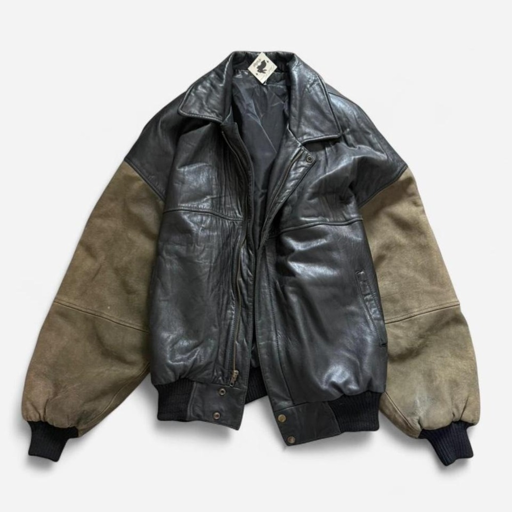 Vintage 90s black leather bomber jacket with olive green suede sleeves